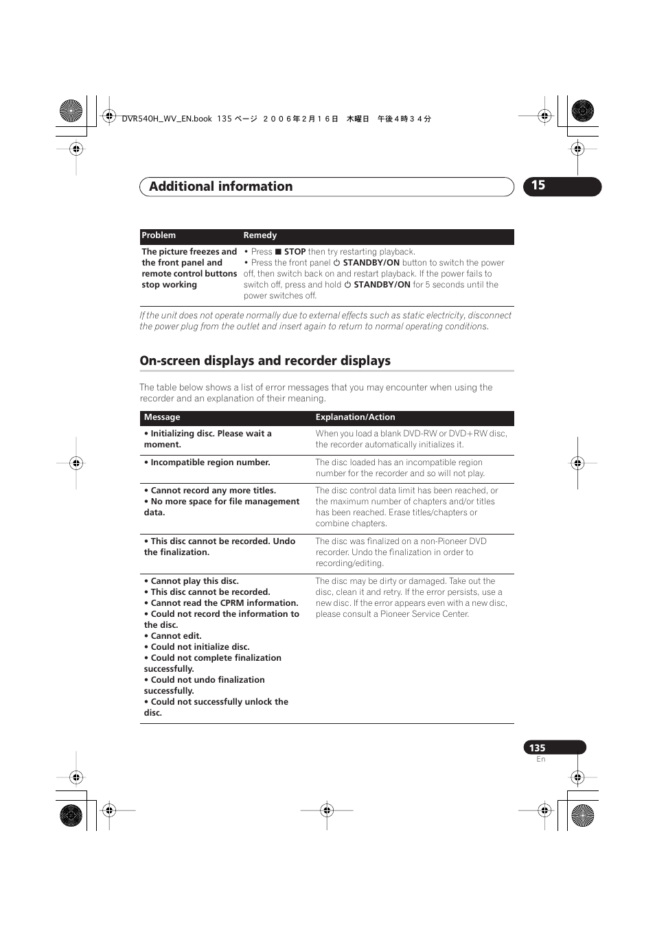 On-screen displays and recorder displays, Additional information 15 | Pioneer DVR-440H-S User Manual | Page 135 / 144