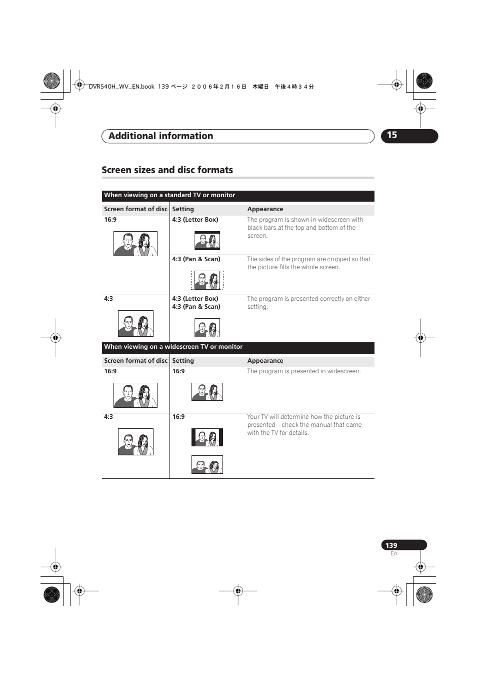 Screen sizes and disc formats, Additional information 15 | Pioneer DVR-440H-S User Manual | Page 139 / 144