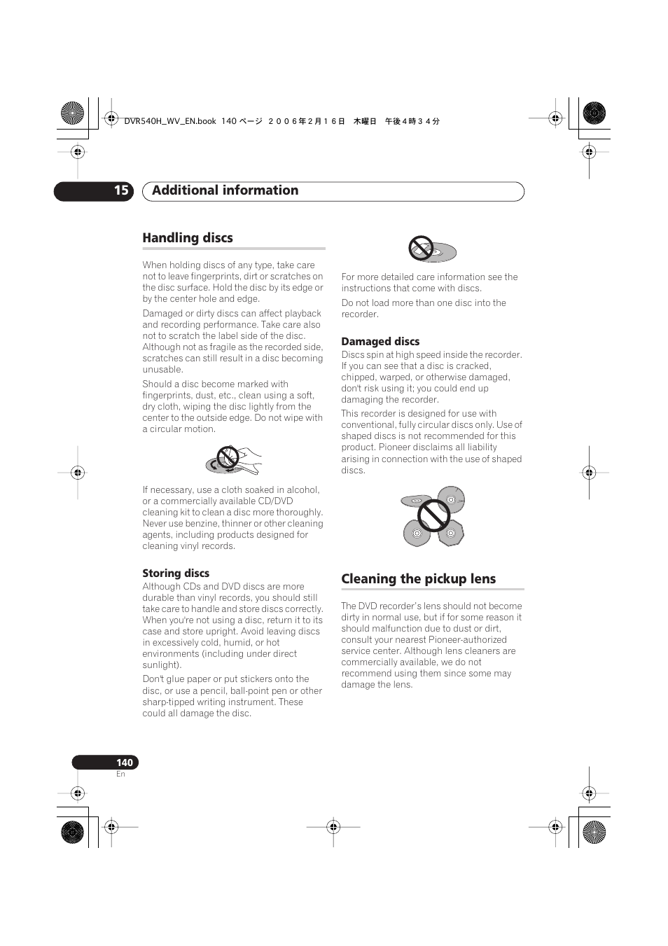 Handling discs, Cleaning the pickup lens, Additional information 15 | Pioneer DVR-440H-S User Manual | Page 140 / 144
