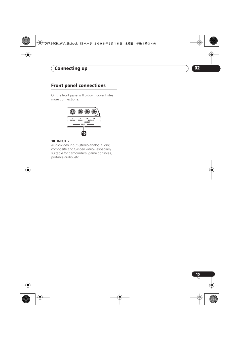 Front panel connections, Connecting up 02 | Pioneer DVR-440H-S User Manual | Page 15 / 144