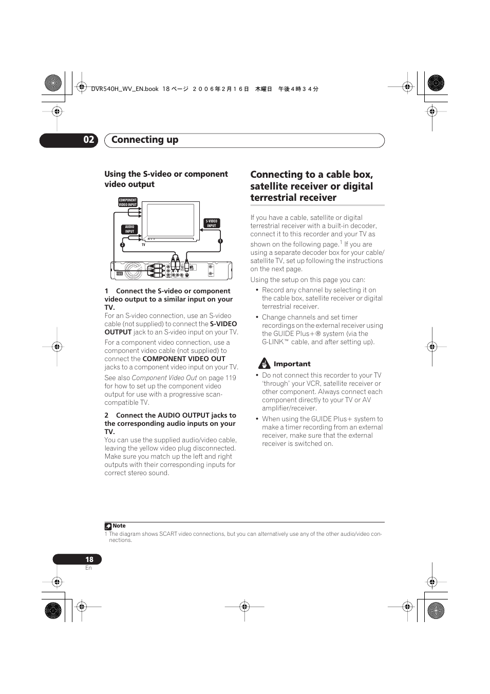 Using other types of audio/video output, Connecting up 02, Terrestrial receiver | Using the s-video or component video output | Pioneer DVR-440H-S User Manual | Page 18 / 144