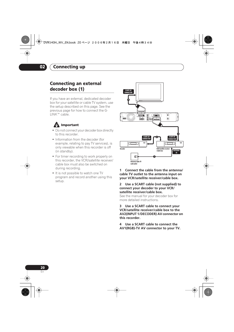 Connecting up 02, Connecting an external, Decoder box (1) | Coaxial in, Output | Pioneer DVR-440H-S User Manual | Page 20 / 144