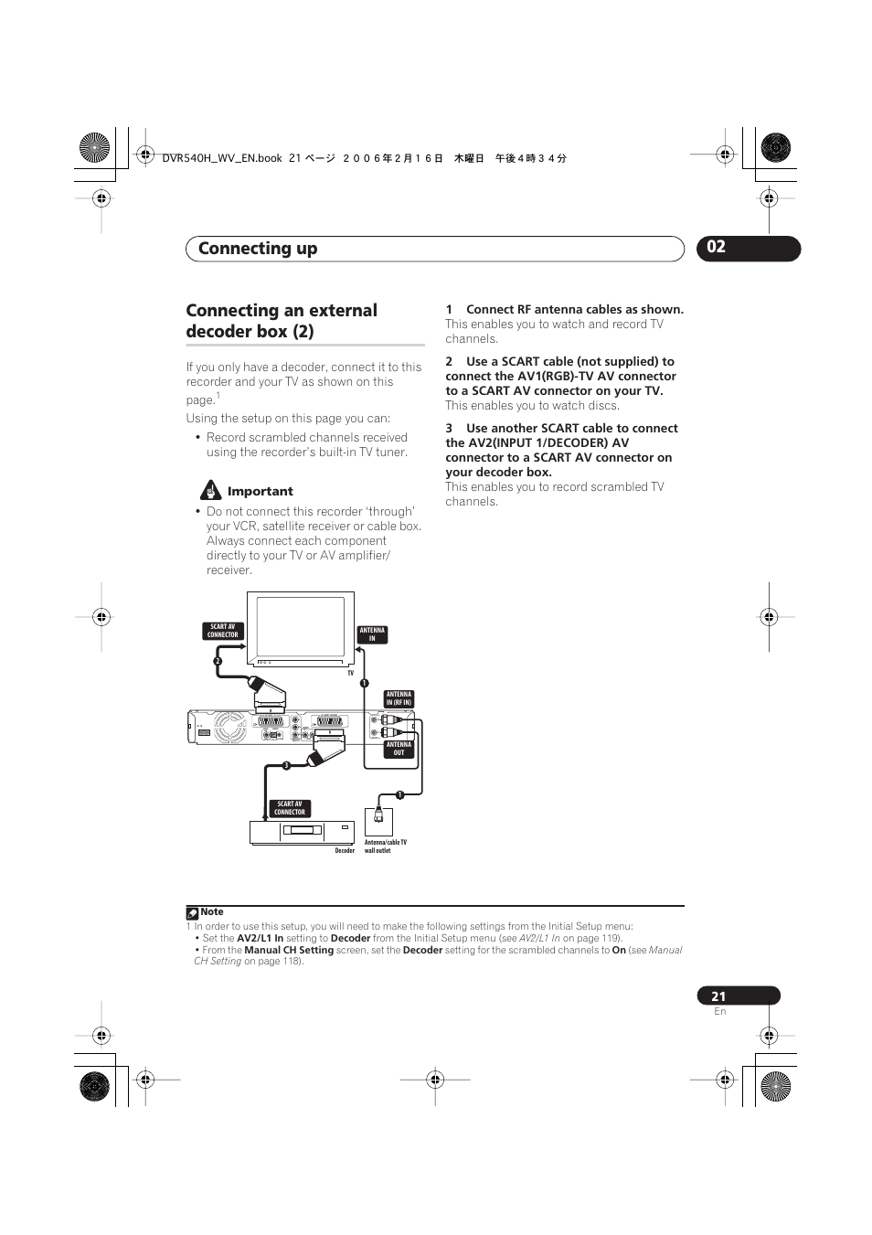 Connecting up 02, Connecting an external, Decoder box (2) | Coaxial in, Output | Pioneer DVR-440H-S User Manual | Page 21 / 144