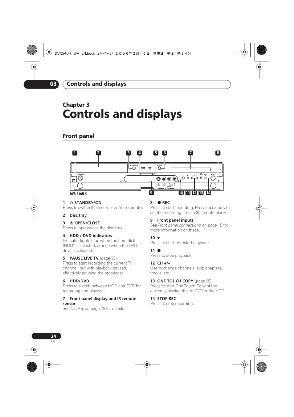 03 controls and displays, Front panel, Controls and displays | Controls and displays 03, Chapter 3 | Pioneer DVR-440H-S User Manual | Page 24 / 144