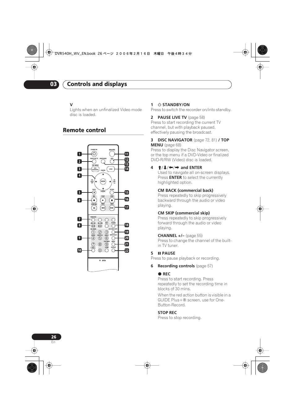 Remote control, Controls and displays 03 | Pioneer DVR-440H-S User Manual | Page 26 / 144