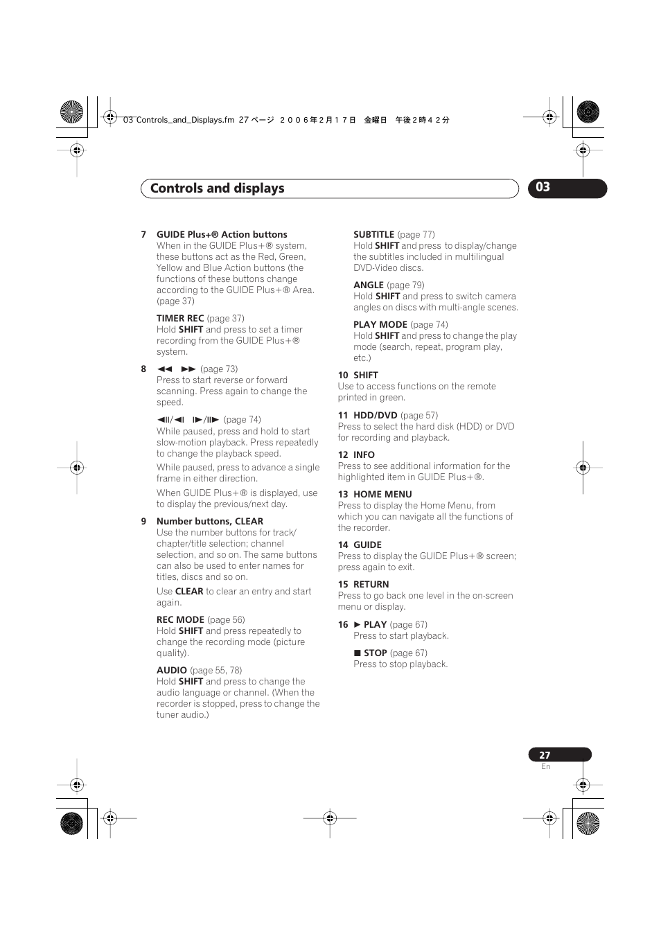 Controls and displays 03 | Pioneer DVR-440H-S User Manual | Page 27 / 144