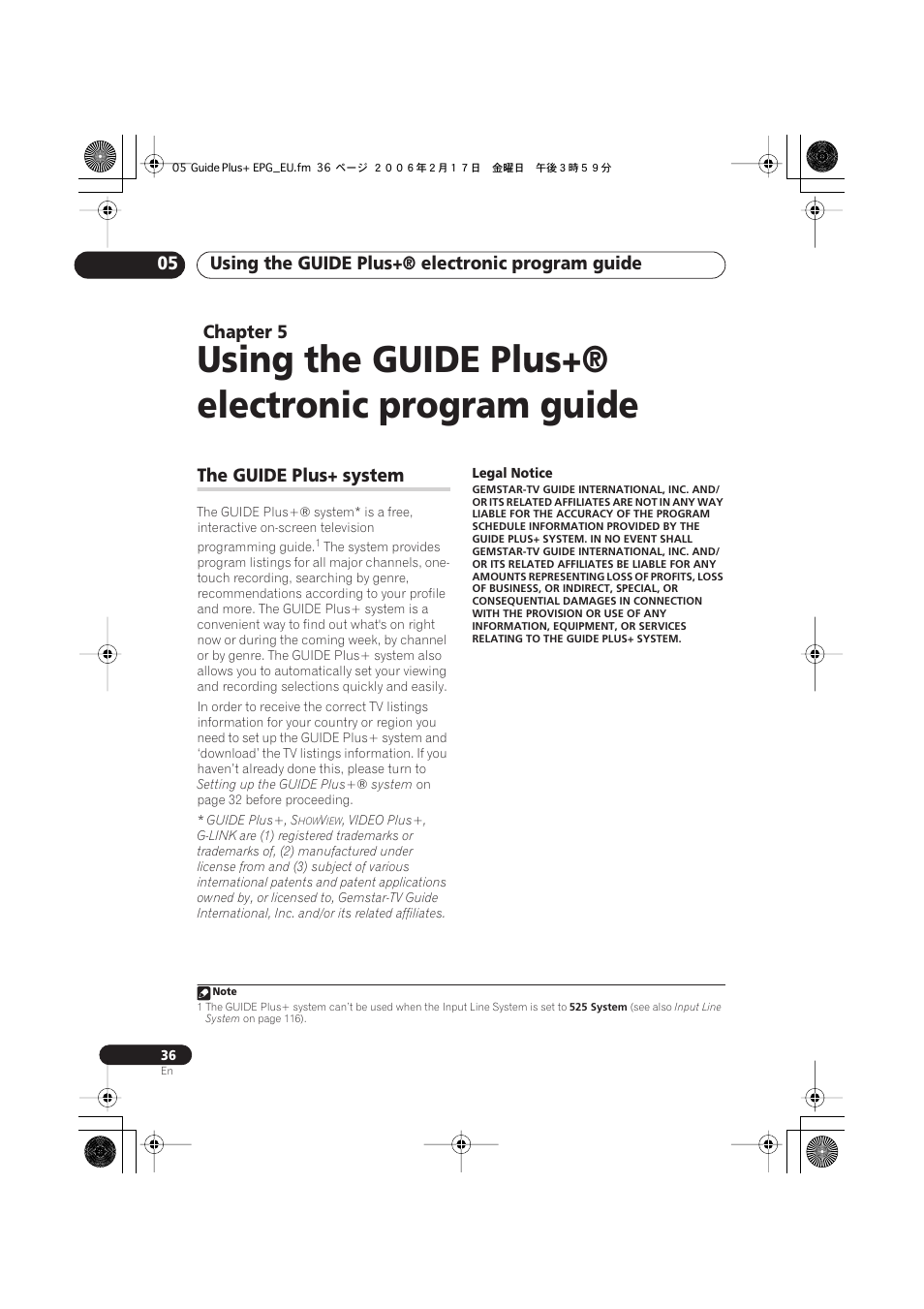 05 using the guide plus+® electronic program guide, The guide plus+® system, Using the guide plus+® electronic program guide | Using the guide plus+® electronic program guide 05, Chapter 5, The guide plus+ system | Pioneer DVR-440H-S User Manual | Page 36 / 144