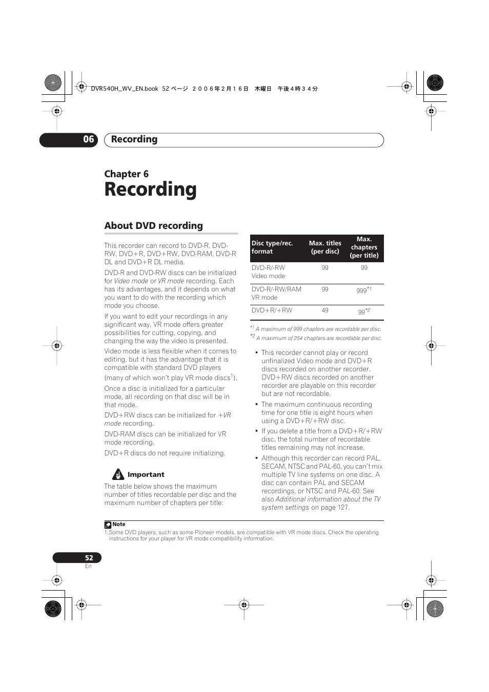 06 recording, About dvd recording, Recording | Recording 06, Chapter 6 | Pioneer DVR-440H-S User Manual | Page 52 / 144