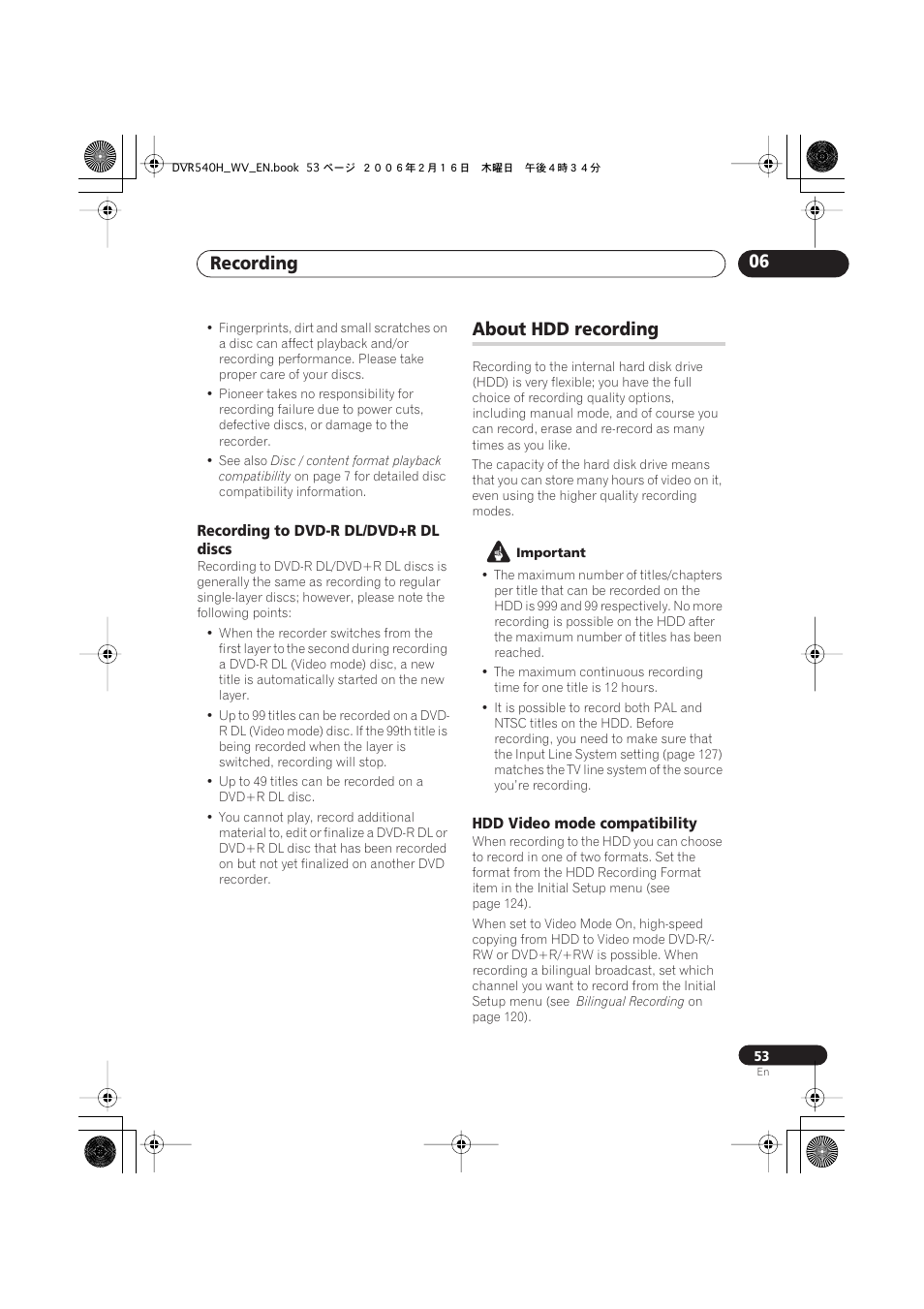 About hdd recording, Recording 06 | Pioneer DVR-440H-S User Manual | Page 53 / 144