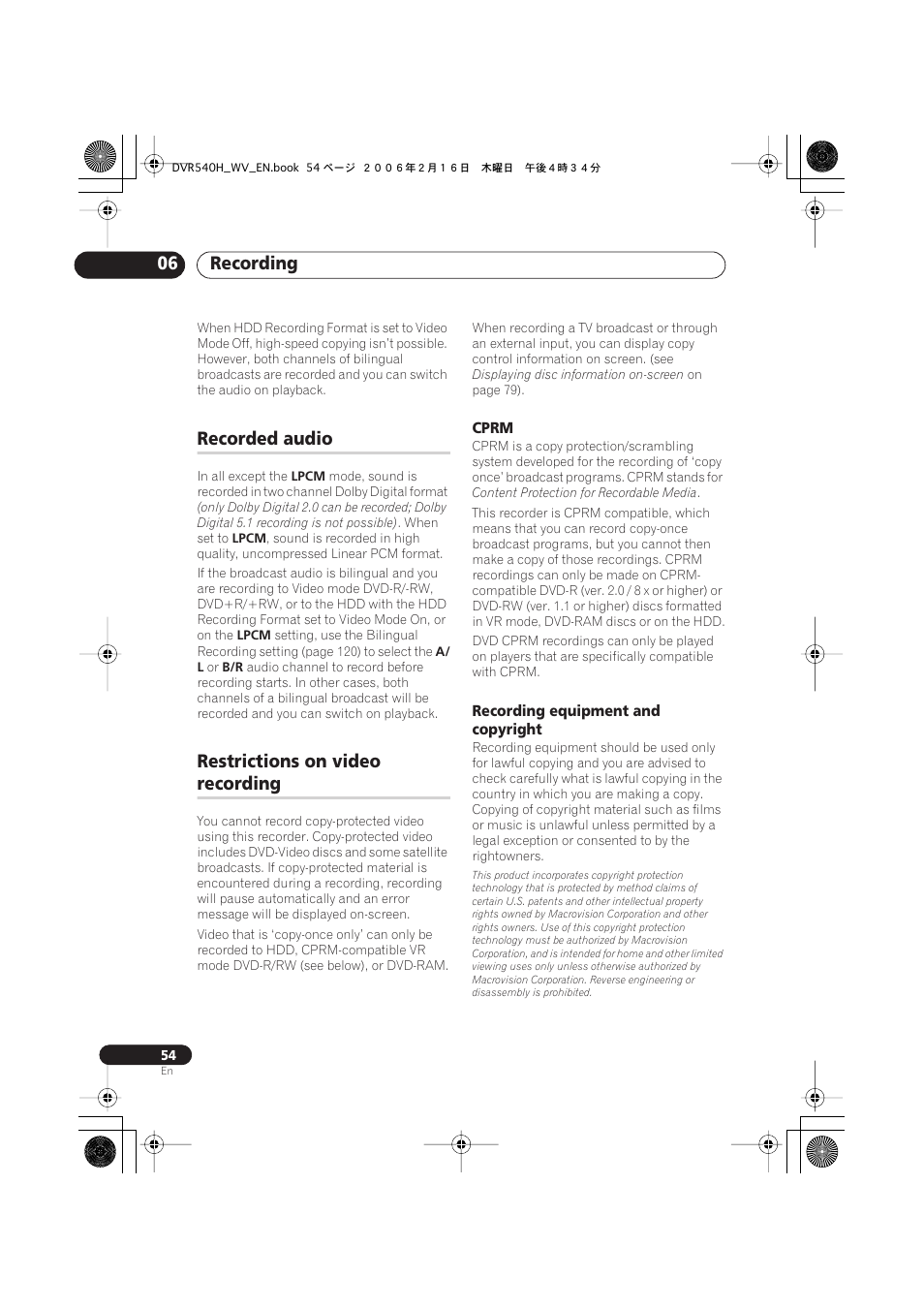 Recorded audio, Restrictions on video recording, Recording 06 | Restrictions on video, Recording | Pioneer DVR-440H-S User Manual | Page 54 / 144