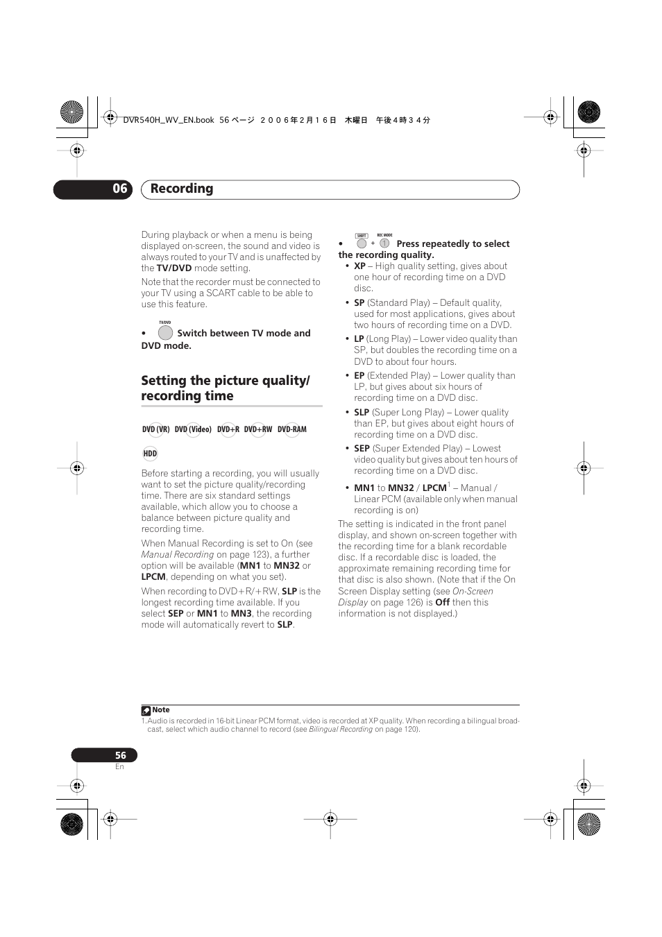 Setting the picture quality/recording time, Recording 06, Setting the picture quality | Recording time | Pioneer DVR-440H-S User Manual | Page 56 / 144