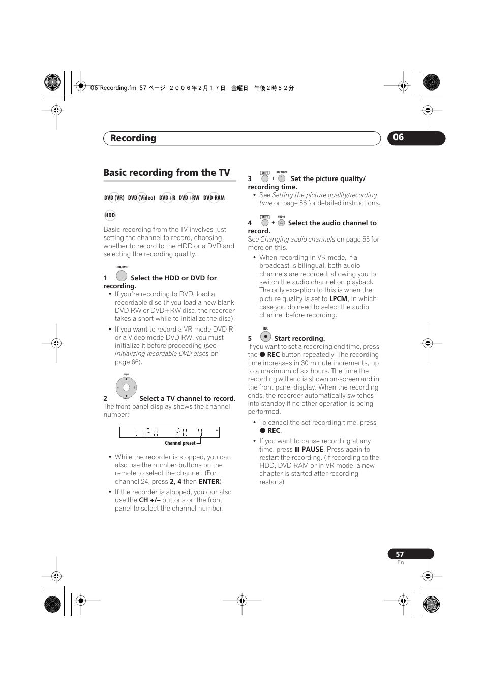 Basic recording from the tv, Recording 06 | Pioneer DVR-440H-S User Manual | Page 57 / 144