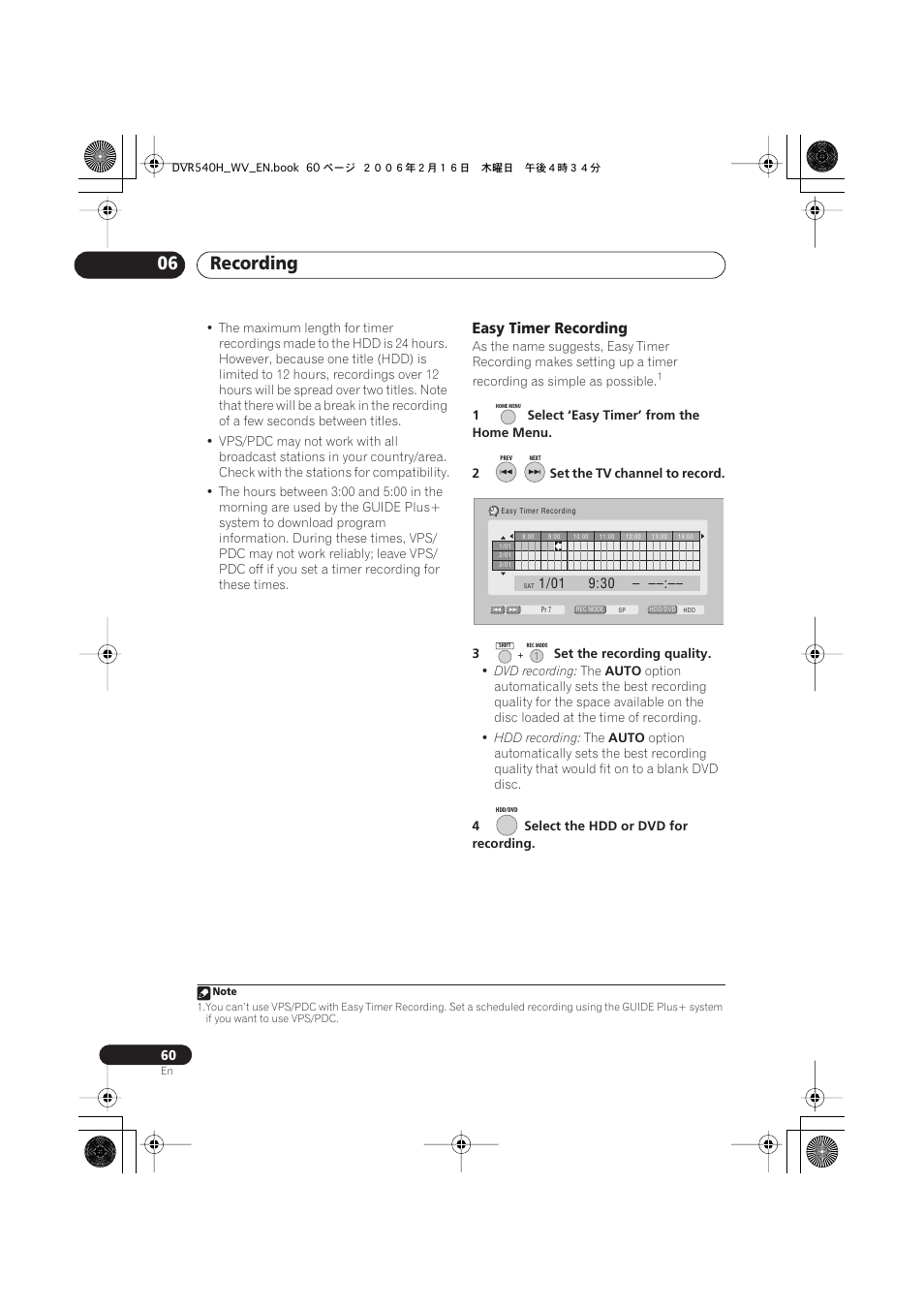 Recording 06, Easy timer recording | Pioneer DVR-440H-S User Manual | Page 60 / 144