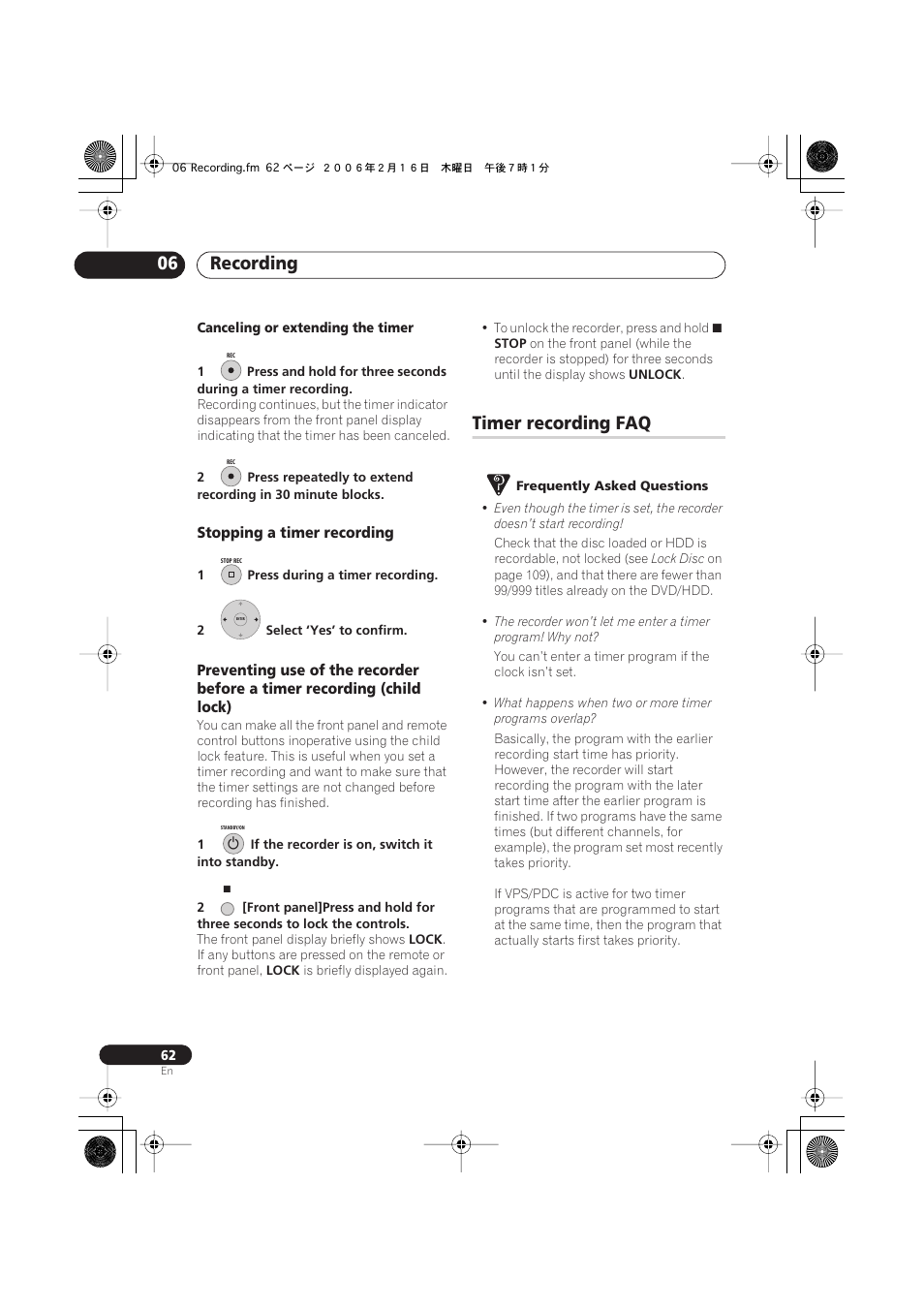 Timer recording faq, Recording 06 | Pioneer DVR-440H-S User Manual | Page 62 / 144