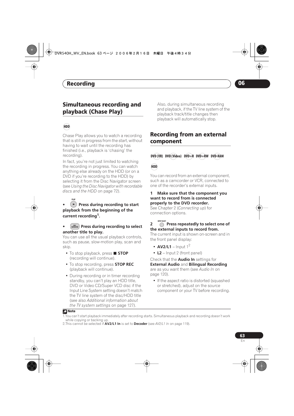 Simultaneous recording and playback (chase play), Recording from an external component, Recording 06 | Simultaneous recording and, Playback (chase play), Recording from an external, Component | Pioneer DVR-440H-S User Manual | Page 63 / 144