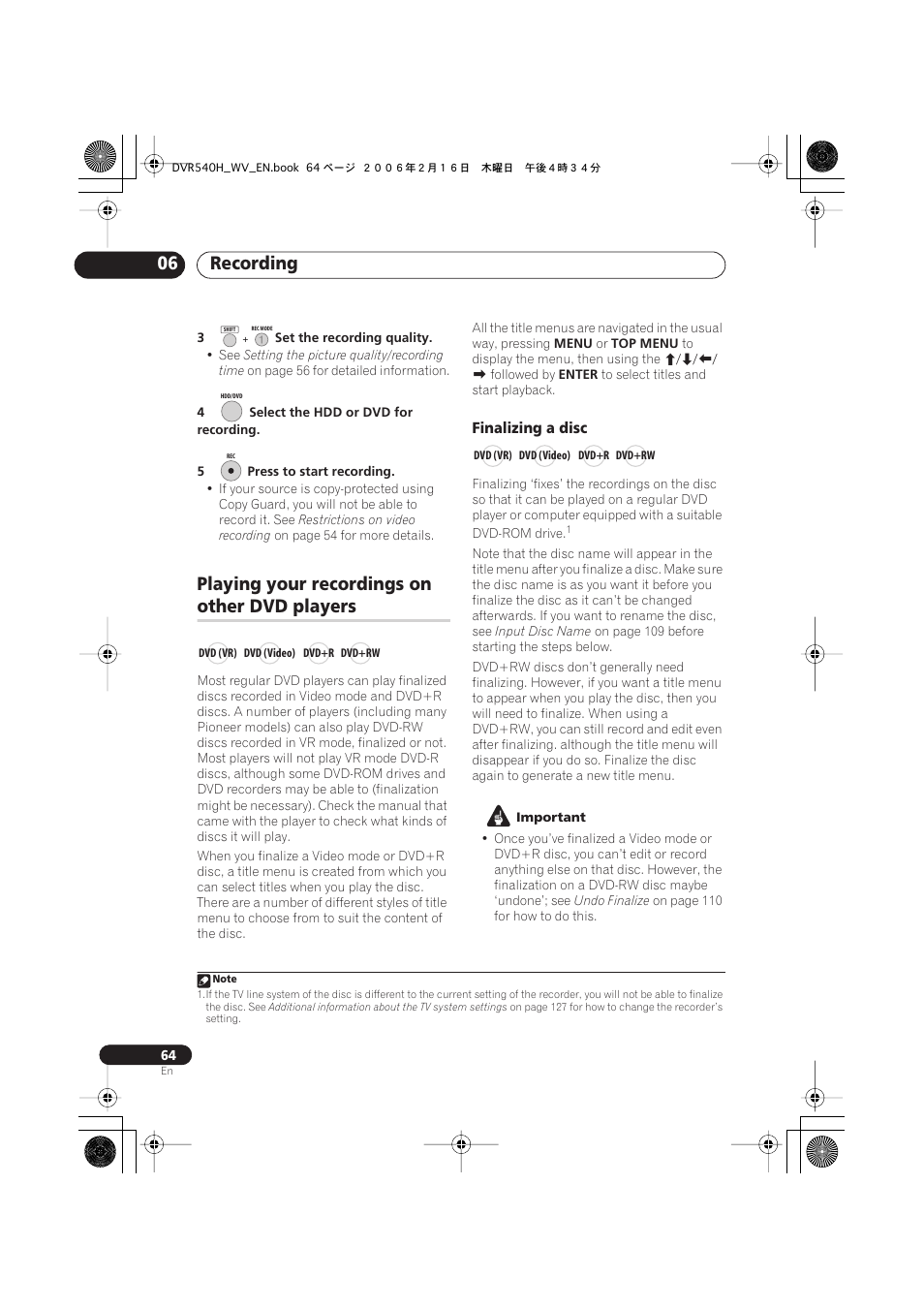 Playing your recordings on other dvd players, Recording 06, Playing your recordings on | Other dvd players | Pioneer DVR-440H-S User Manual | Page 64 / 144