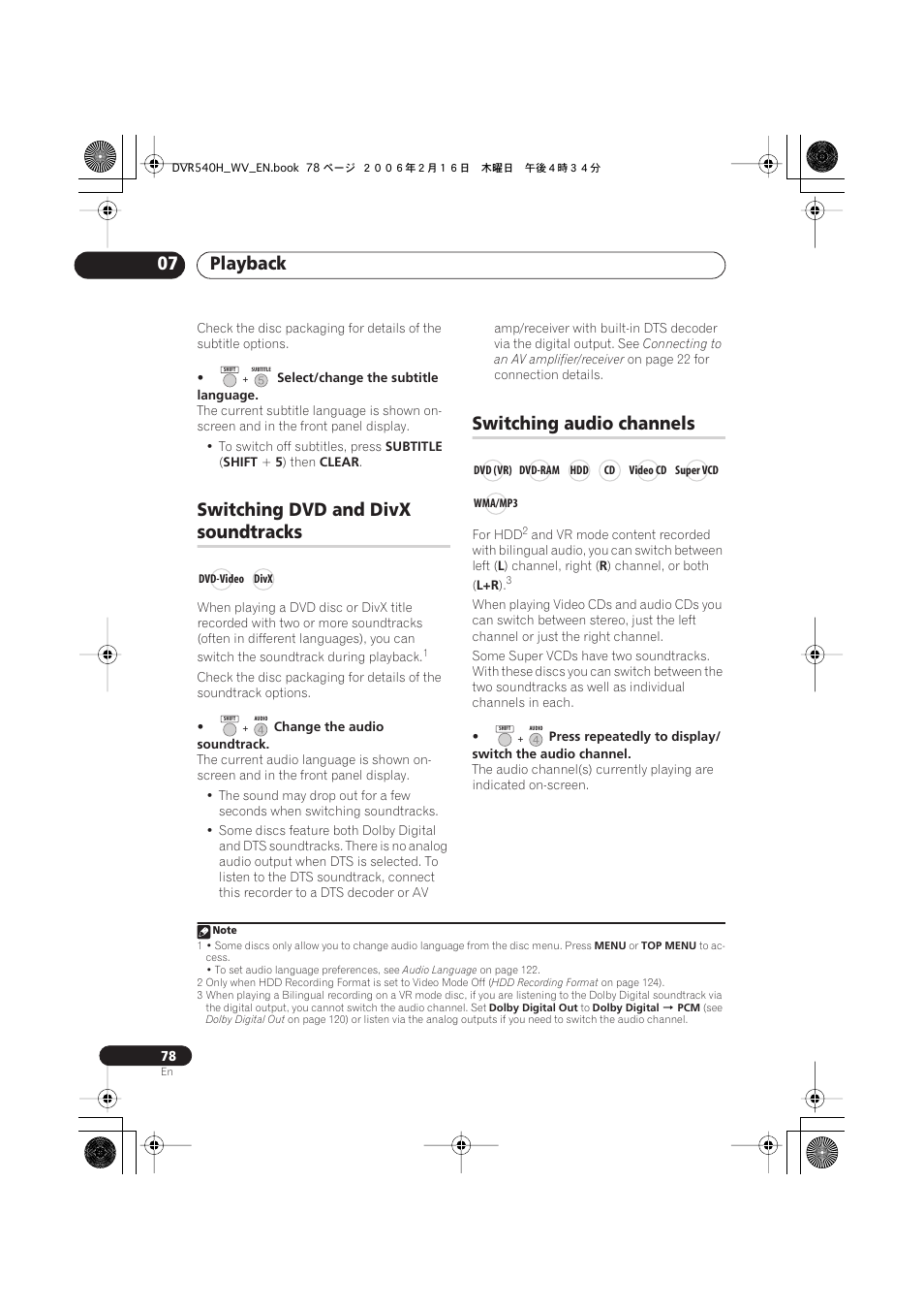 Switching dvd and divx soundtracks, Switching audio channels, Playback 07 | Switching dvd and divx, Soundtracks | Pioneer DVR-440H-S User Manual | Page 78 / 144