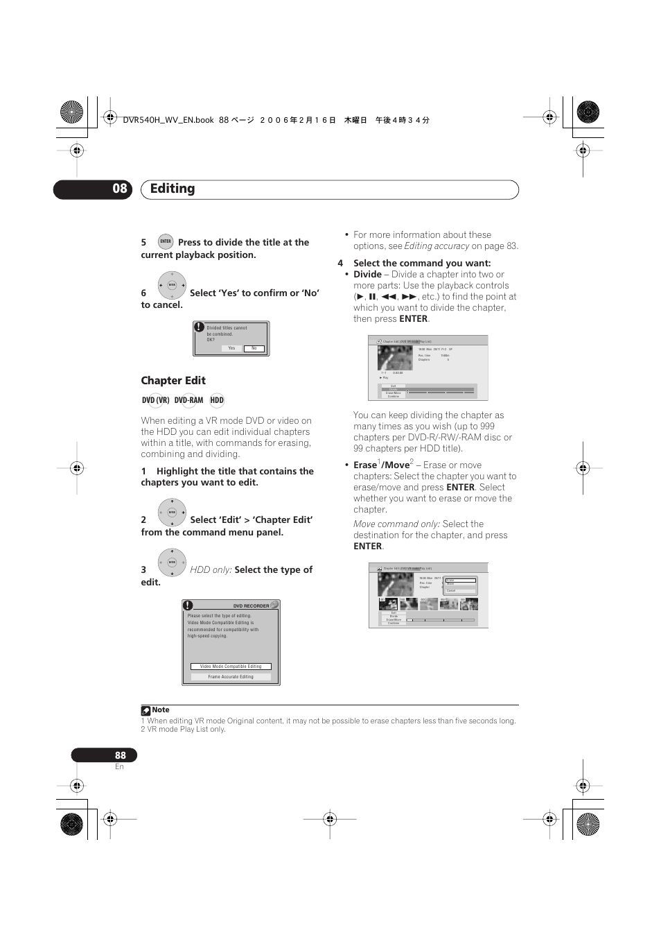 Editing 08, Chapter edit | Pioneer DVR-440H-S User Manual | Page 88 / 144