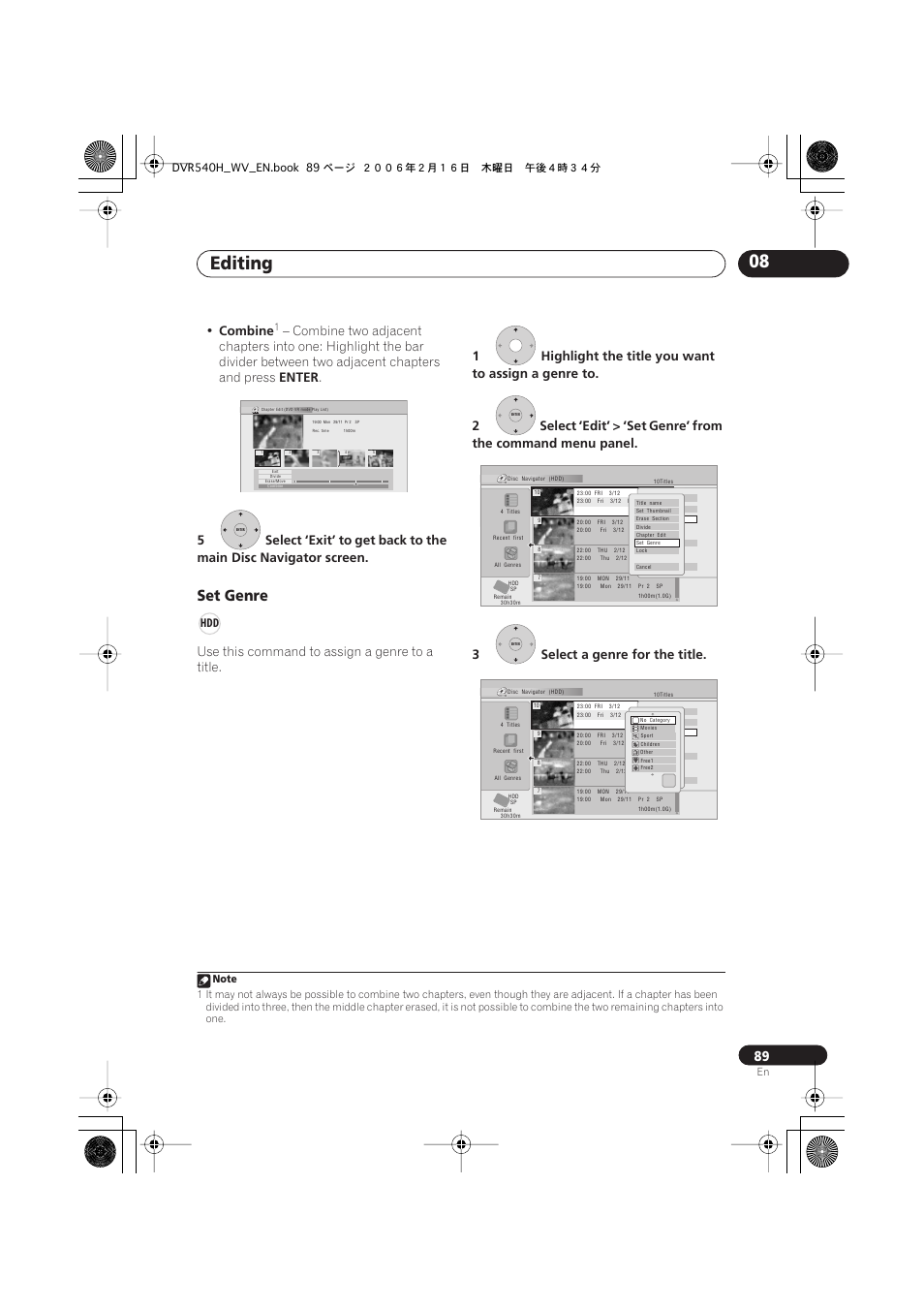 Editing 08, Set genre, Combine | Enter, Use this command to assign a genre to a title | Pioneer DVR-440H-S User Manual | Page 89 / 144