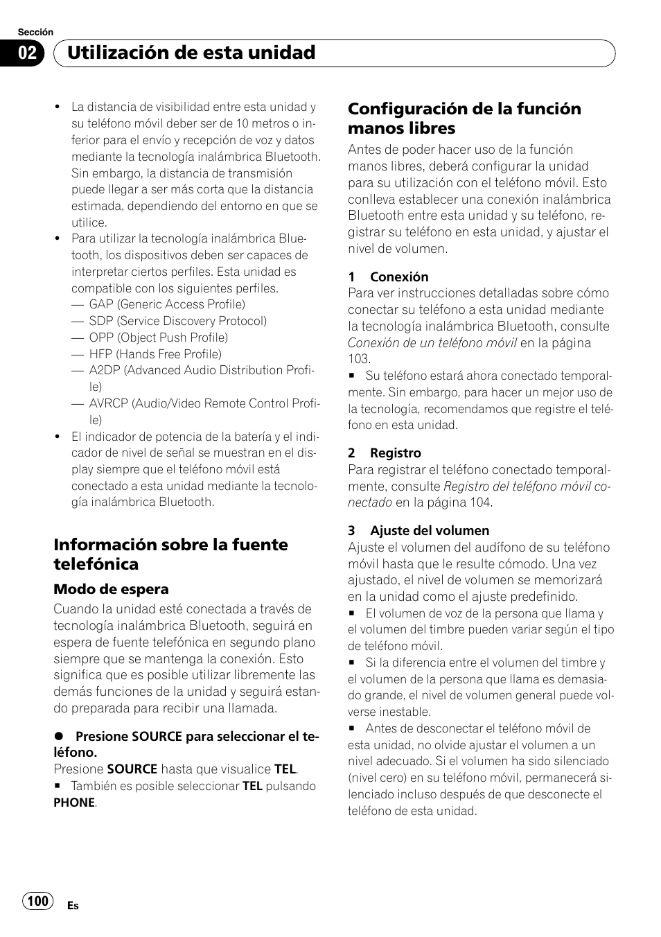 Información sobre la fuente, Telefónica, Configuración de la función manos | Libres, Utilización de esta unidad, Información sobre la fuente telefónica, Configuración de la función manos libres | Pioneer DEH-P85BT User Manual | Page 100 / 144