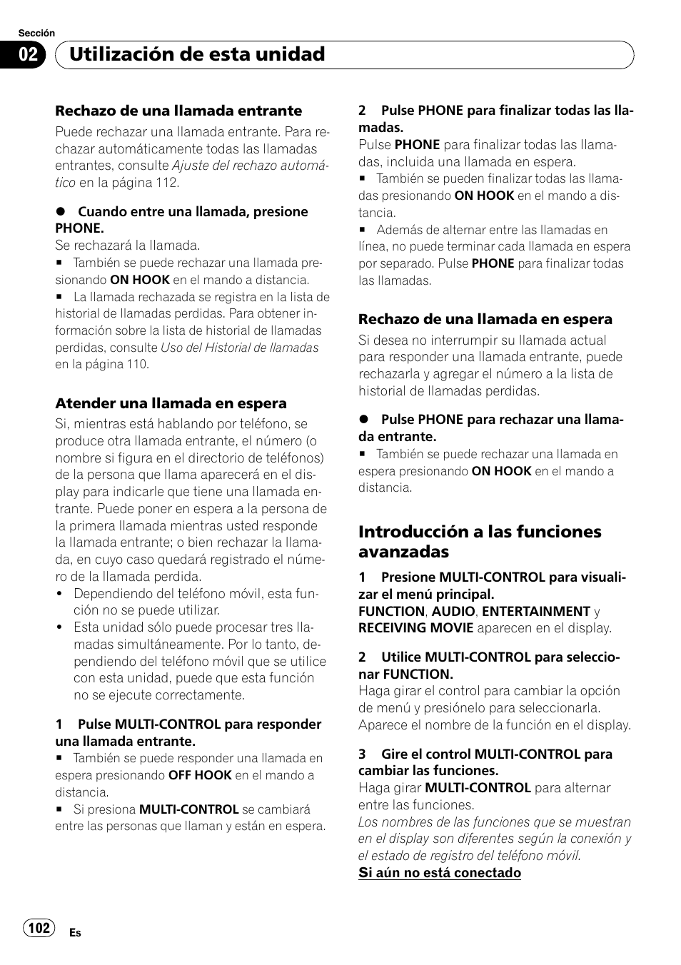 Introducción a las funciones, Avanzadas, Utilización de esta unidad | Introducción a las funciones avanzadas | Pioneer DEH-P85BT User Manual | Page 102 / 144