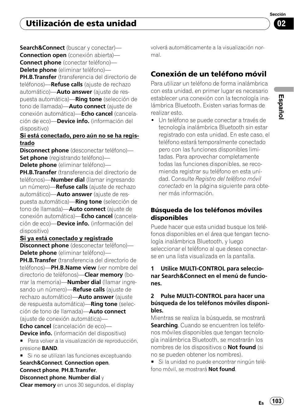 Conexión de un teléfono móvil 103, Utilización de esta unidad, Conexión de un teléfono móvil | Pioneer DEH-P85BT User Manual | Page 103 / 144