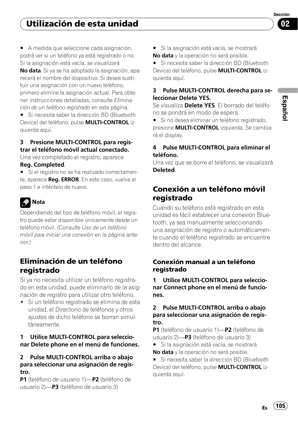 Eliminación de un teléfono, Registrado, Conexión a un teléfono móvil | Utilización de esta unidad, Eliminación de un teléfono registrado, Conexión a un teléfono móvil registrado | Pioneer DEH-P85BT User Manual | Page 105 / 144
