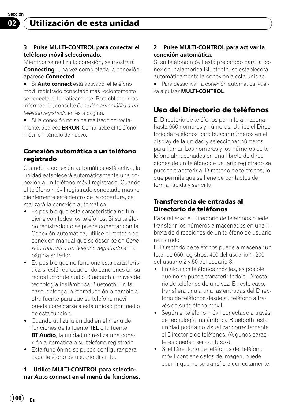 Uso del directorio de teléfonos 106, Utilización de esta unidad, Uso del directorio de teléfonos | Pioneer DEH-P85BT User Manual | Page 106 / 144