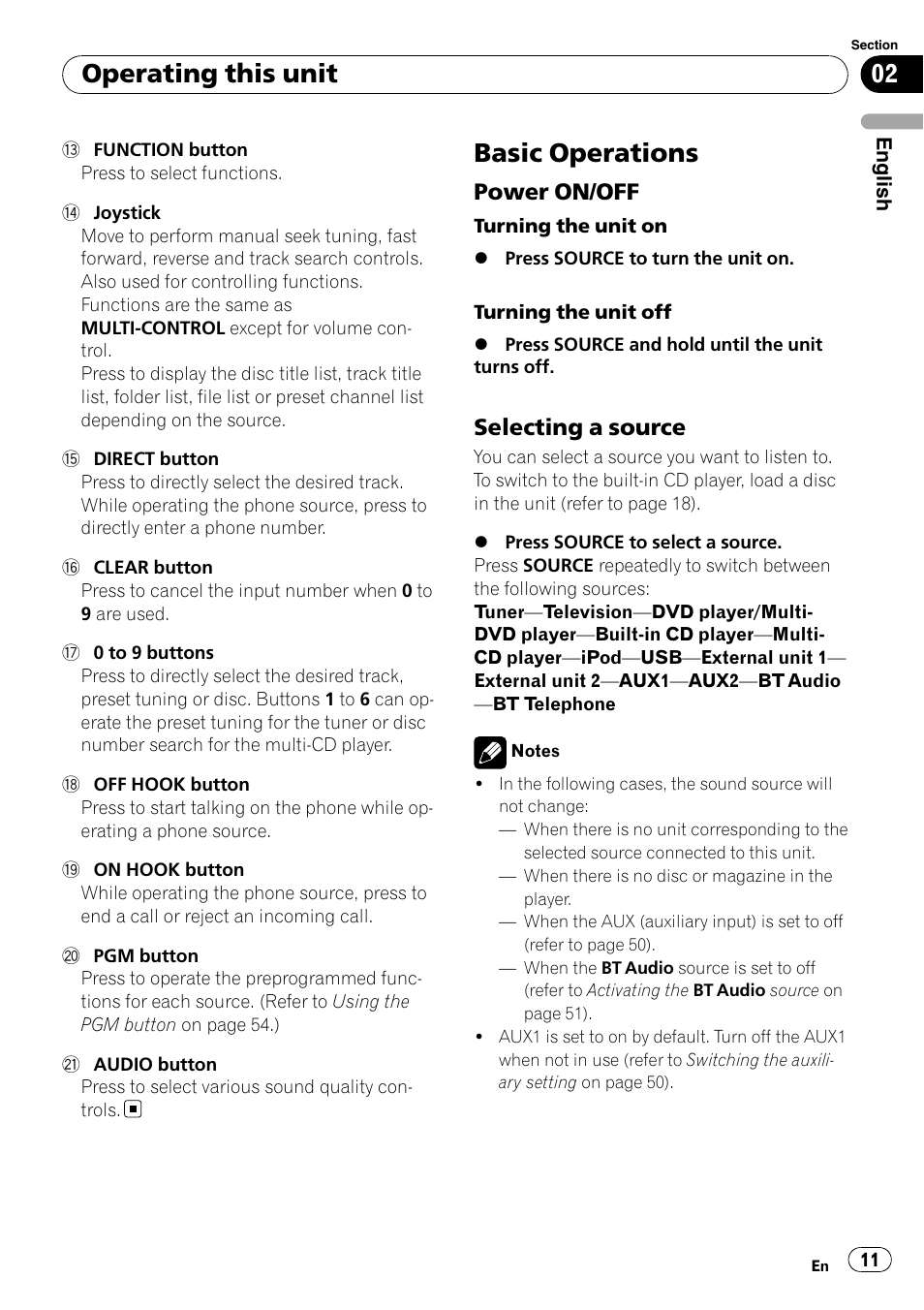Basic operations, Power on/off 11, Selecting a source 11 | Operating this unit, Power on/off, Selecting a source | Pioneer DEH-P85BT User Manual | Page 11 / 144