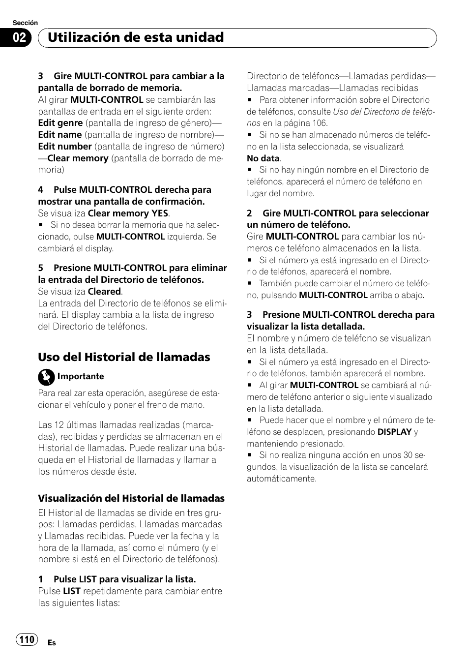 Uso del historial de llamadas 110, Utilización de esta unidad, Uso del historial de llamadas | Pioneer DEH-P85BT User Manual | Page 110 / 144