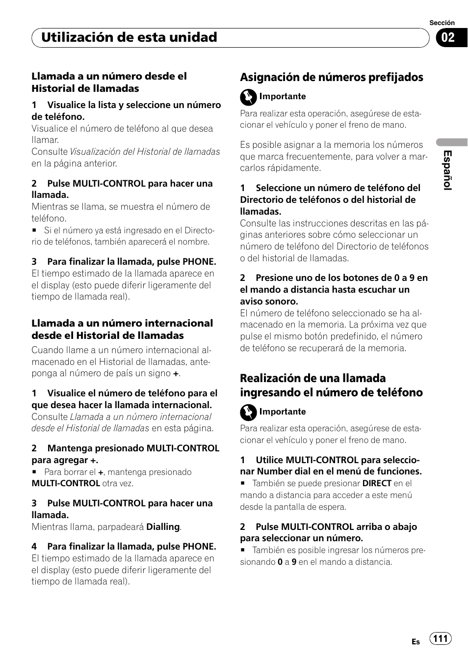 Asignación de números, Prefijados, Realización de una llamada ingresando | El número de teléfono, Utilización de esta unidad, Asignación de números prefijados | Pioneer DEH-P85BT User Manual | Page 111 / 144