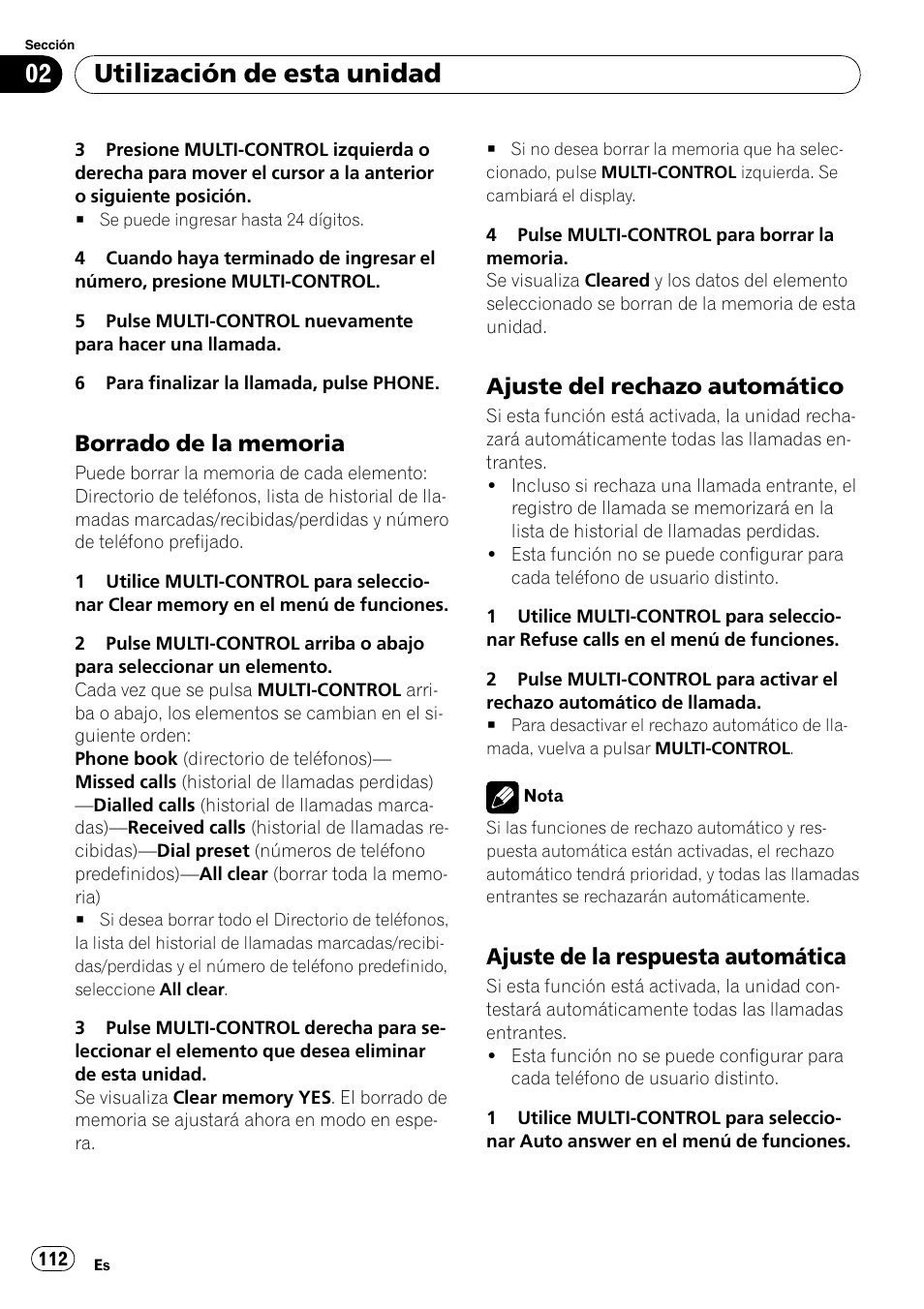 Borrado de la memoria 112, Ajuste del rechazo automático 112, Ajuste de la respuesta | Automática, Utilización de esta unidad, Ajuste del rechazo automático, Ajuste de la respuesta automática | Pioneer DEH-P85BT User Manual | Page 112 / 144