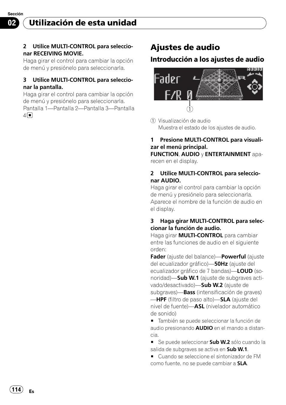Ajustes de audio, Introducción a los ajustes de, Audio | Utilización de esta unidad, Introducción a los ajustes de audio | Pioneer DEH-P85BT User Manual | Page 114 / 144