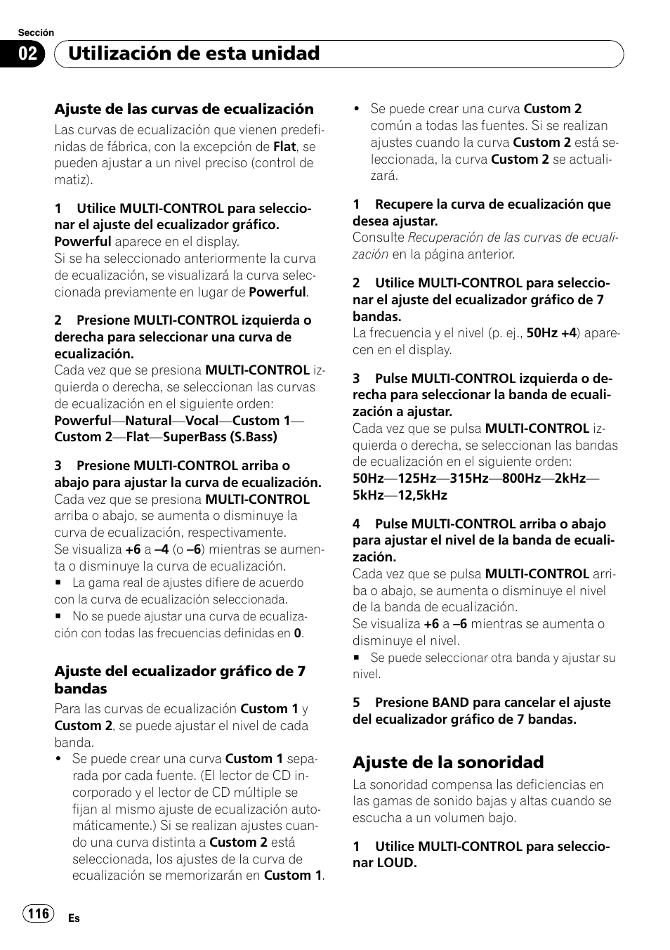 Ajuste de la sonoridad 116, Utilización de esta unidad, Ajuste de la sonoridad | Pioneer DEH-P85BT User Manual | Page 116 / 144