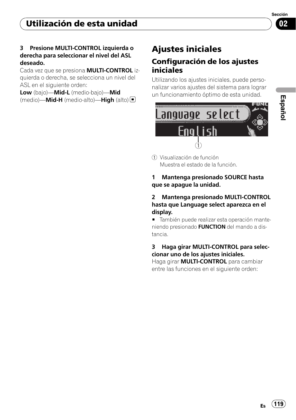 Ajustes iniciales, Configuración de los ajustes, Iniciales | Utilización de esta unidad | Pioneer DEH-P85BT User Manual | Page 119 / 144