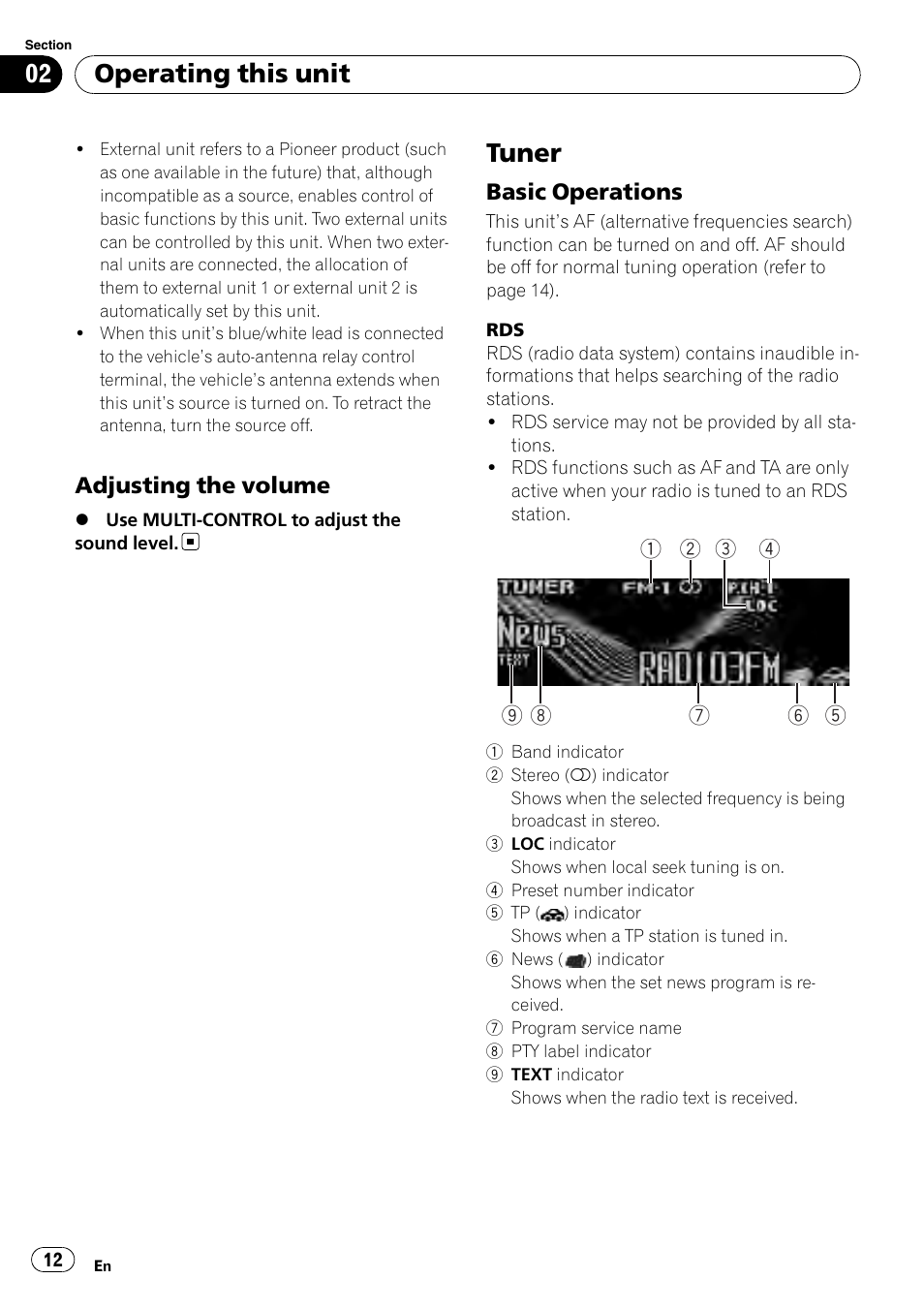 Adjusting the volume 12, Tuner, Basic operations 12 | Operating this unit, Adjusting the volume, Basic operations | Pioneer DEH-P85BT User Manual | Page 12 / 144