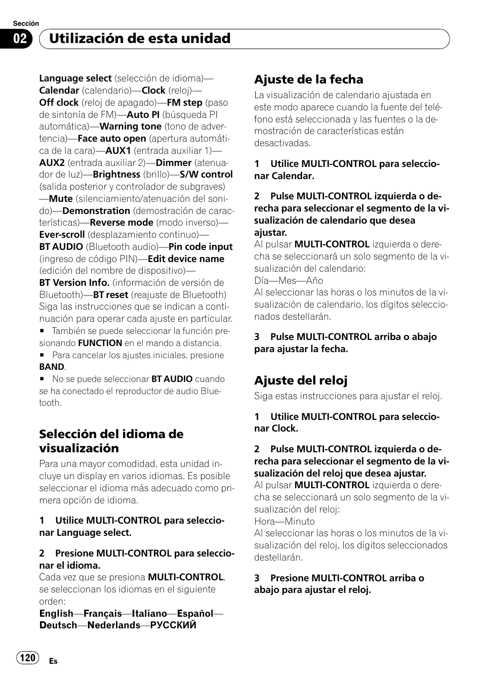 Selección del idioma de, Visualización, Ajuste de la fecha 120 | Ajuste del reloj 120, Utilización de esta unidad, Selección del idioma de visualización, Ajuste de la fecha, Ajuste del reloj | Pioneer DEH-P85BT User Manual | Page 120 / 144