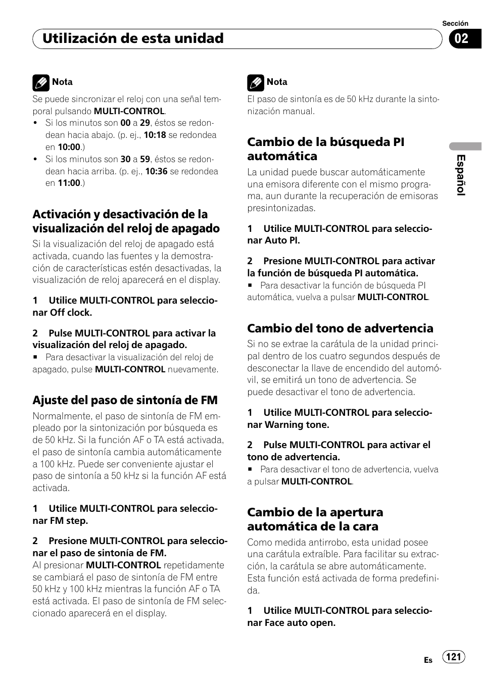Activación y desactivación de la, Visualización del reloj de apagado, Ajuste del paso de sintonía de fm 121 | Cambio de la búsqueda pi, Automática, Cambio del tono de advertencia 121, Cambio de la apertura automática de la, Cara, Utilización de esta unidad, Ajuste del paso de sintonía de fm | Pioneer DEH-P85BT User Manual | Page 121 / 144