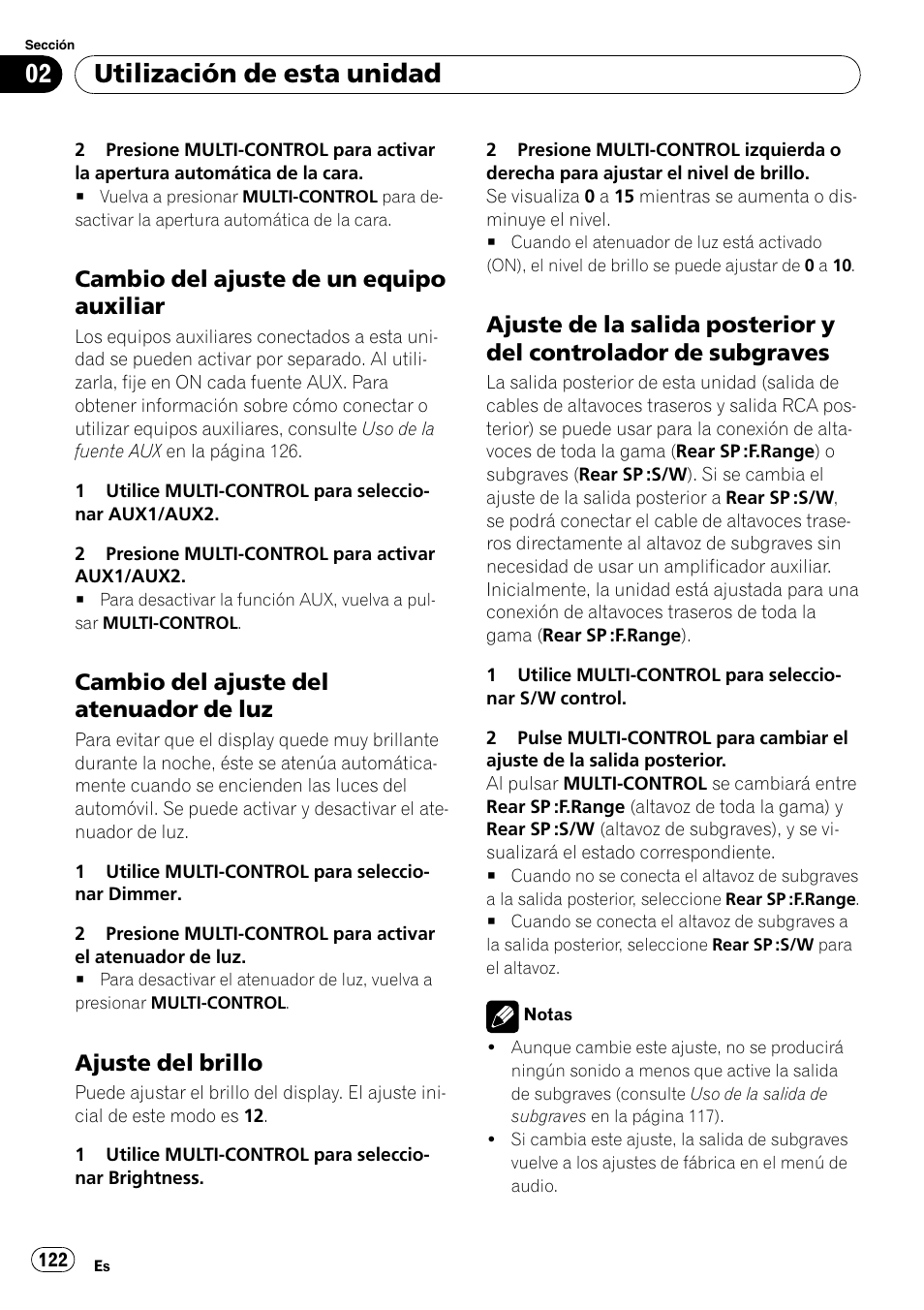 Cambio del ajuste de un equipo, Auxiliar, Cambio del ajuste del atenuador de | Ajuste del brillo 122, Ajuste de la salida posterior y del, Controlador de subgraves, Utilización de esta unidad, Cambio del ajuste de un equipo auxiliar, Cambio del ajuste del atenuador de luz, Ajuste del brillo | Pioneer DEH-P85BT User Manual | Page 122 / 144