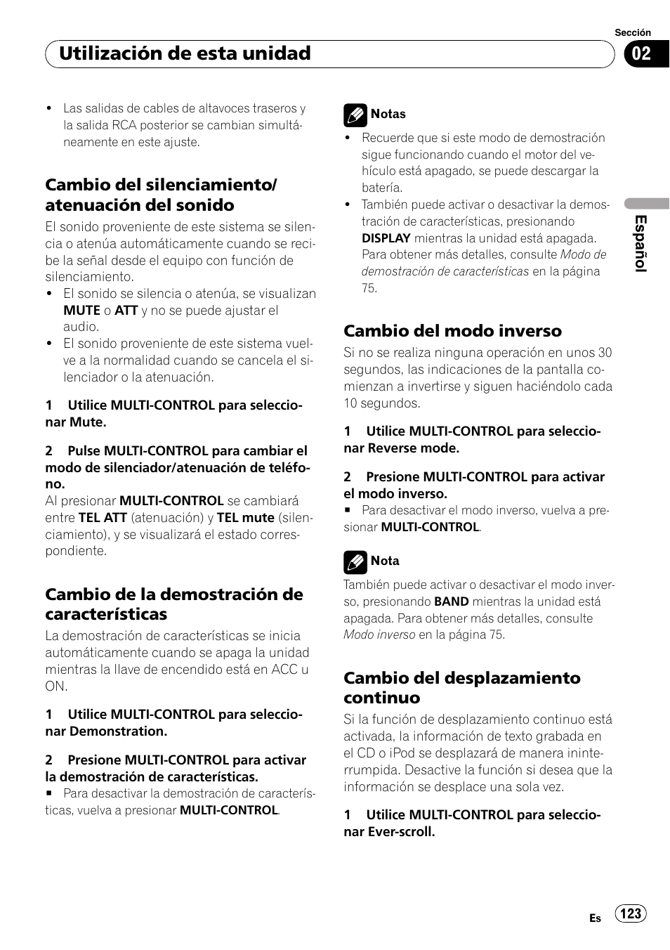 Cambio del silenciamiento/atenuación, Del sonido, Cambio de la demostración de | Características, Cambio del modo inverso 123, Cambio del desplazamiento, Continuo, Utilización de esta unidad, Cambio del silenciamiento/ atenuación del sonido, Cambio de la demostración de características | Pioneer DEH-P85BT User Manual | Page 123 / 144