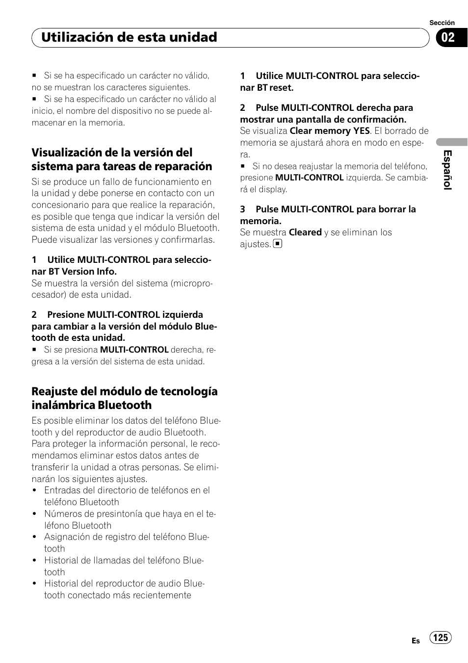 Visualización de la versión del sistema, Para tareas de reparación, Reajuste del módulo de tecnología | Inalámbrica bluetooth, Utilización de esta unidad | Pioneer DEH-P85BT User Manual | Page 125 / 144