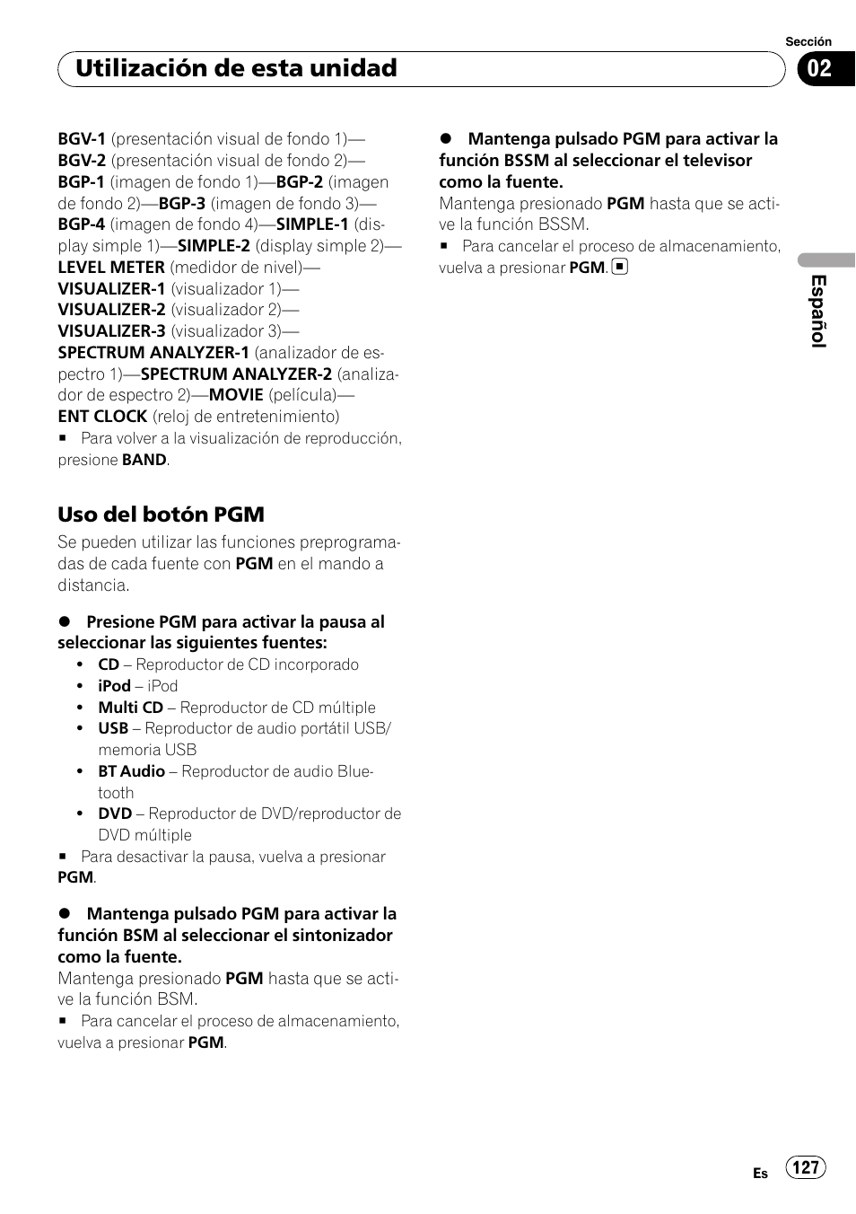 Uso del botón pgm 127, Utilización de esta unidad, Uso del botón pgm | Pioneer DEH-P85BT User Manual | Page 127 / 144