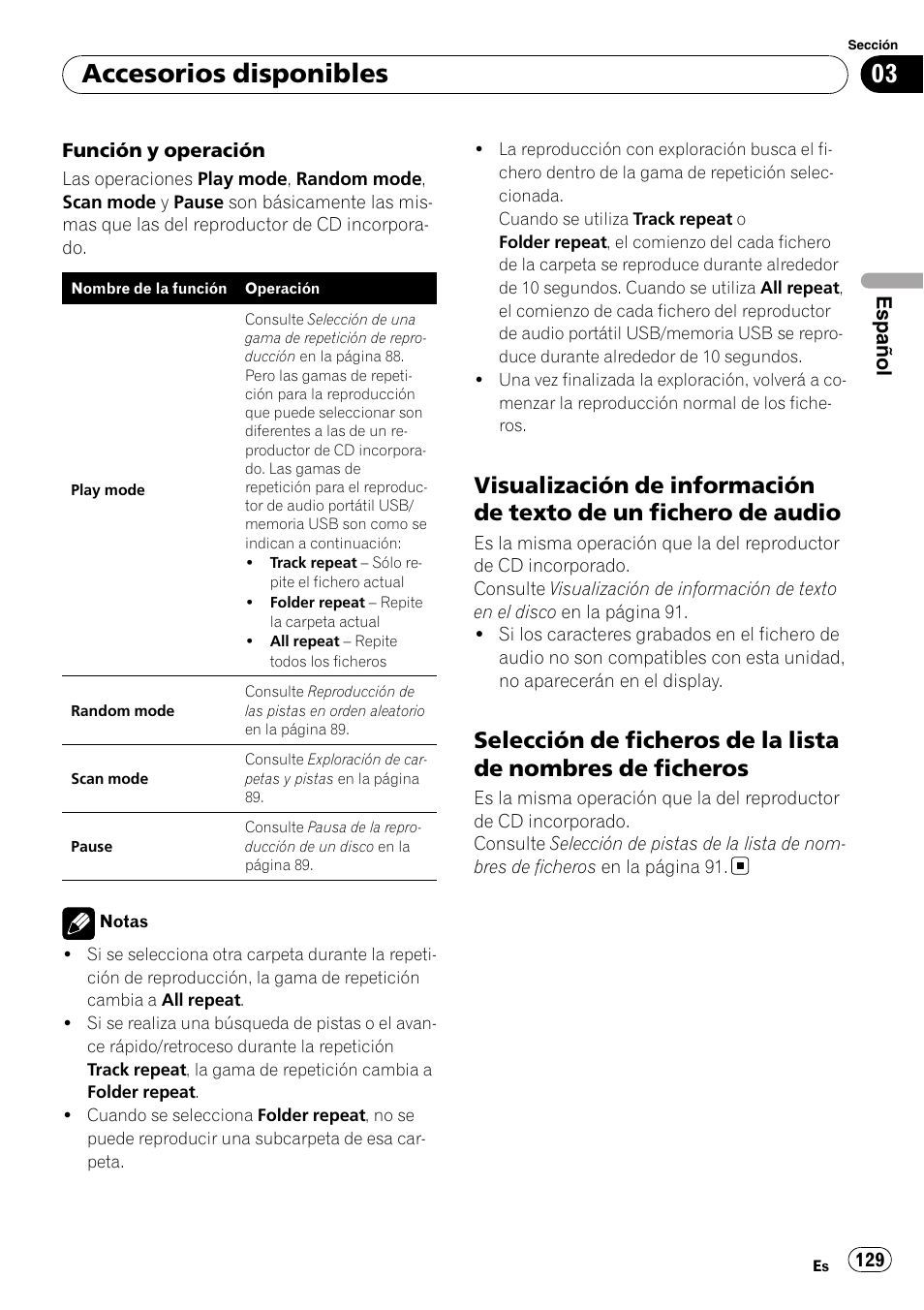 Visualización de información de texto, De un fichero de audio, Selección de ficheros de la lista de | Nombres de ficheros, Accesorios disponibles | Pioneer DEH-P85BT User Manual | Page 129 / 144
