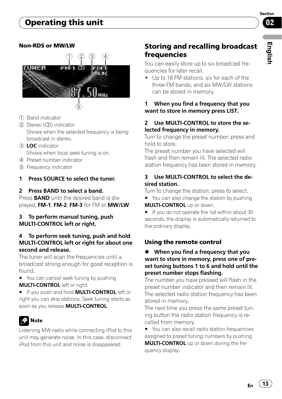 Storing and recalling broadcast, Frequencies, Operating this unit | Storing and recalling broadcast frequencies | Pioneer DEH-P85BT User Manual | Page 13 / 144