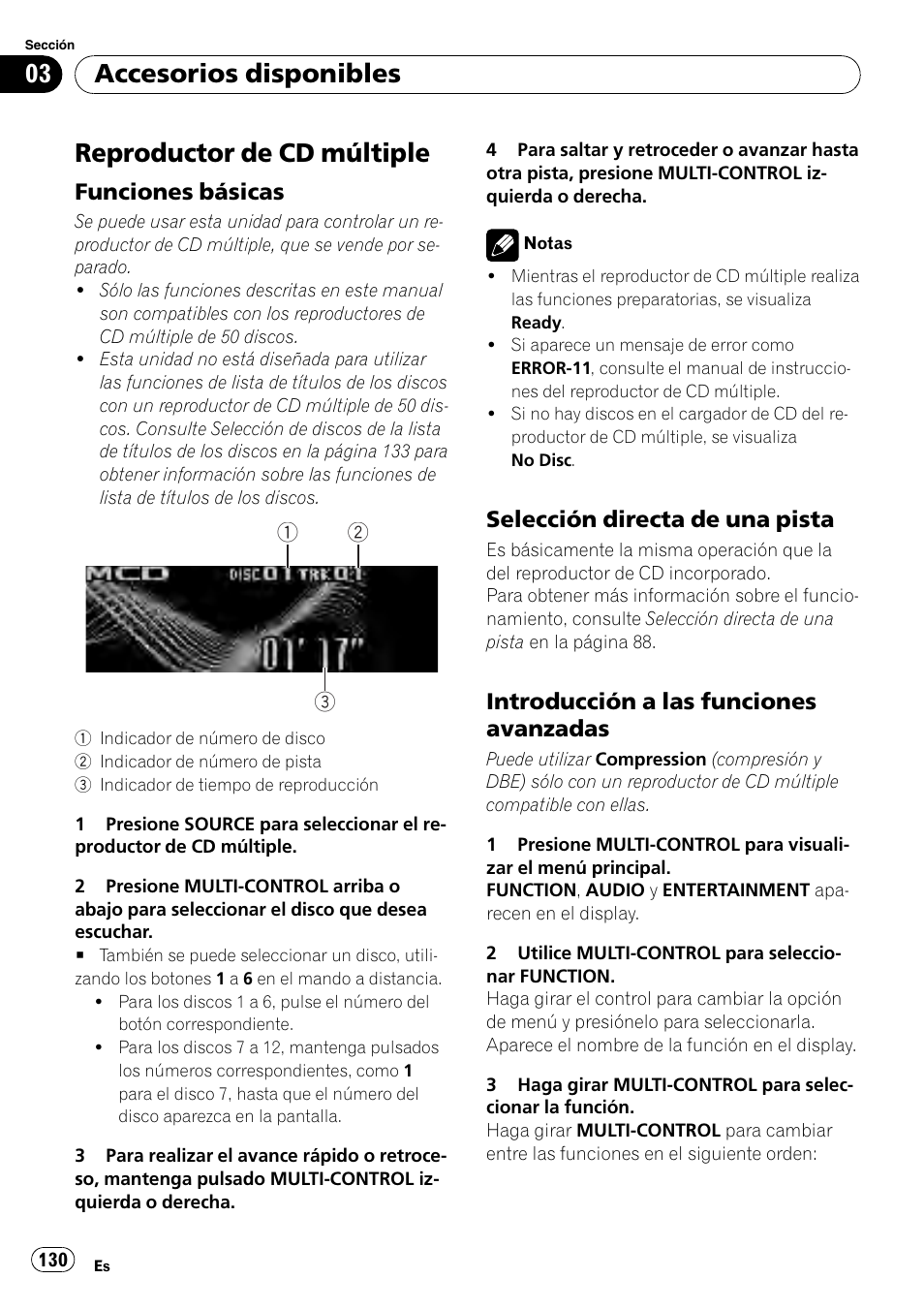 Reproductor de cd múltiple, Funciones básicas 130, Selección directa de una pista 130 | Introducción a las funciones, Avanzadas, Accesorios disponibles, Funciones básicas, Selección directa de una pista, Introducción a las funciones avanzadas | Pioneer DEH-P85BT User Manual | Page 130 / 144