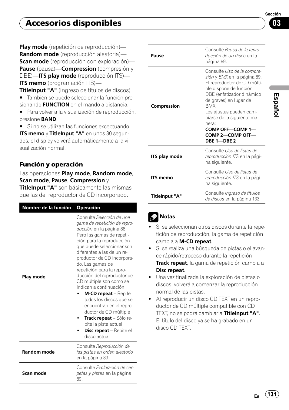 Accesorios disponibles, Español | Pioneer DEH-P85BT User Manual | Page 131 / 144