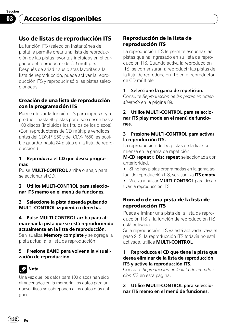 Uso de listas de reproducción its 132, Accesorios disponibles, Uso de listas de reproducción its | Pioneer DEH-P85BT User Manual | Page 132 / 144