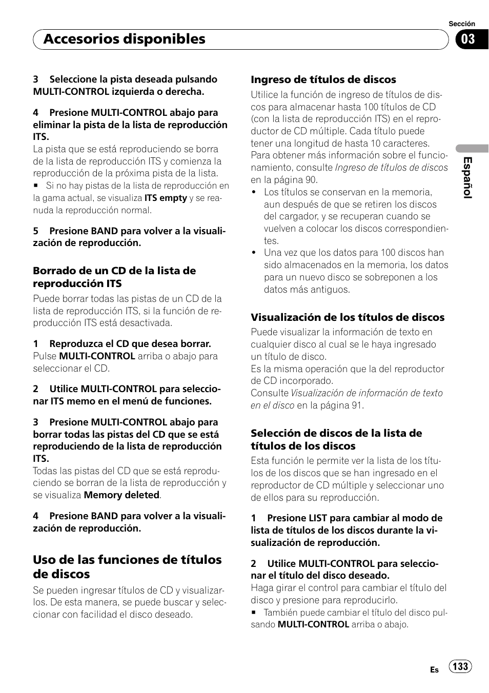 Uso de las funciones de títulos de, Discos, Accesorios disponibles | Uso de las funciones de títulos de discos | Pioneer DEH-P85BT User Manual | Page 133 / 144