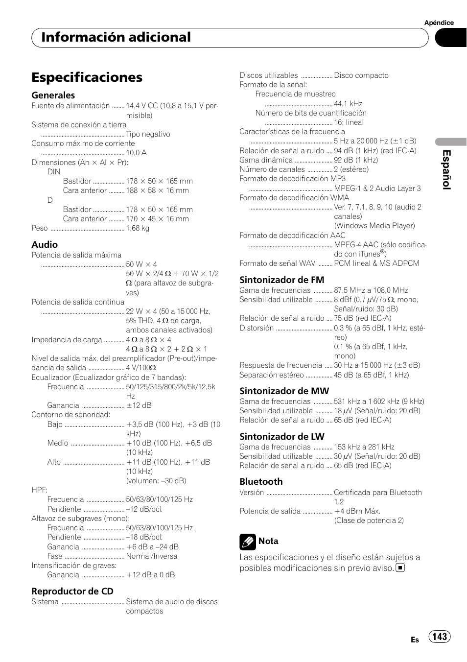 Especificaciones, Información adicional, Español | Pioneer DEH-P85BT User Manual | Page 143 / 144