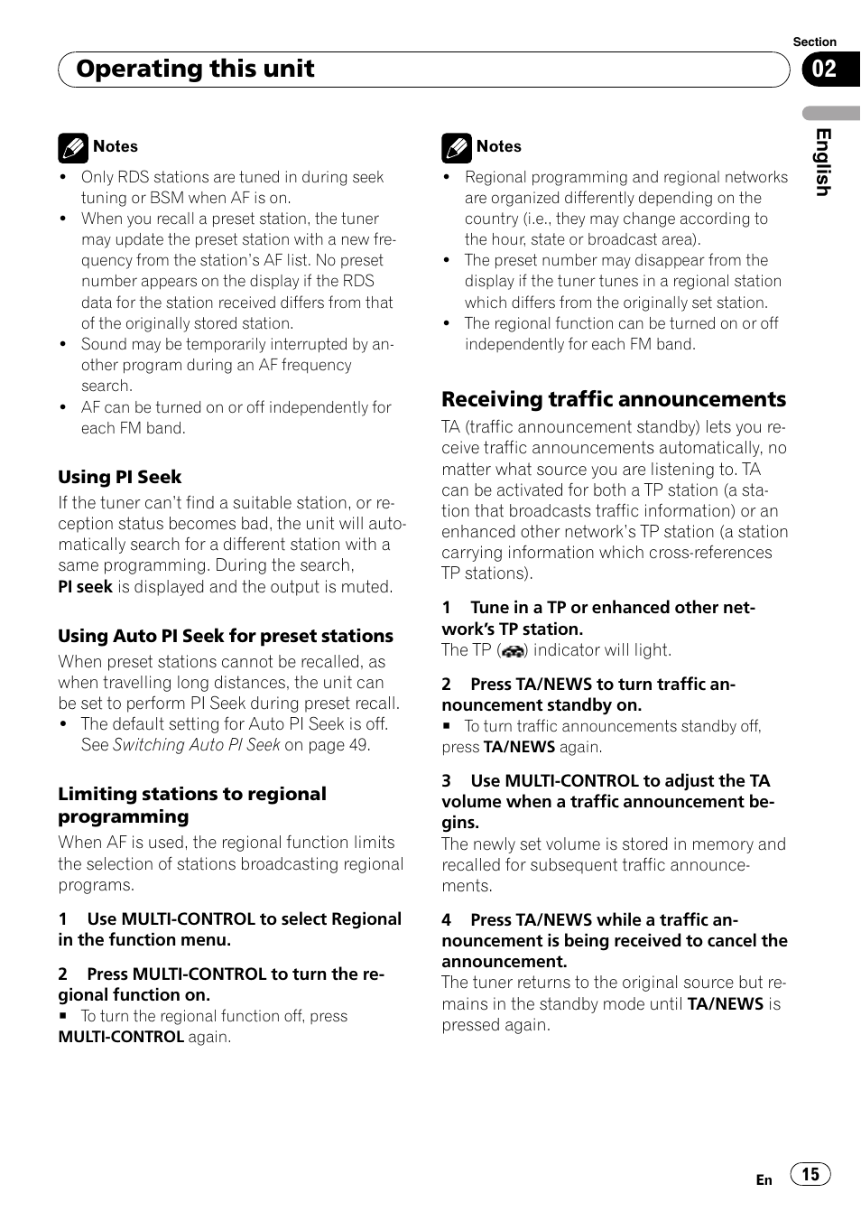 Receiving traffic announcements 15, Operating this unit, Receiving traffic announcements | Pioneer DEH-P85BT User Manual | Page 15 / 144